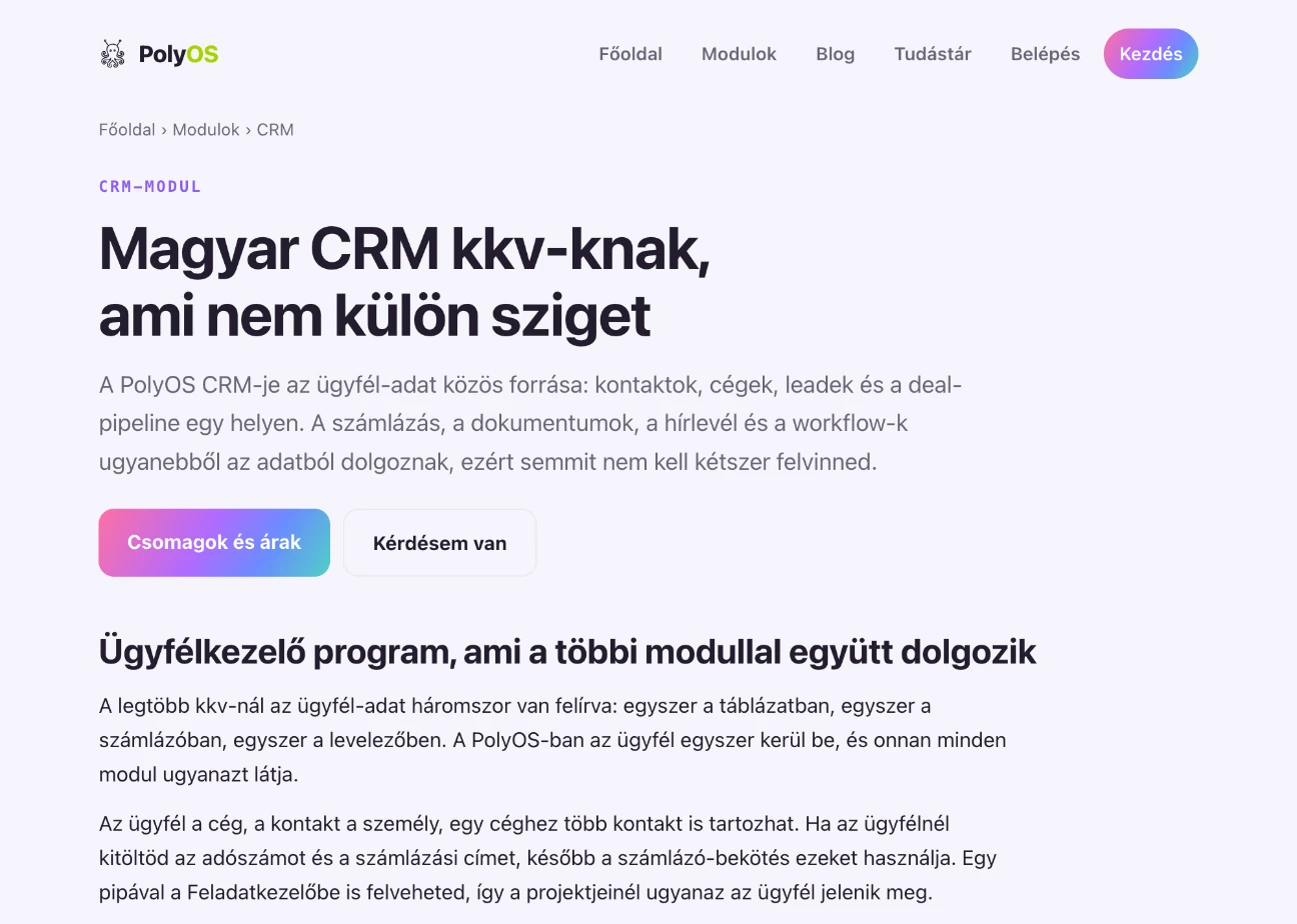 A PolyOS CRM-moduljának bemutató oldala