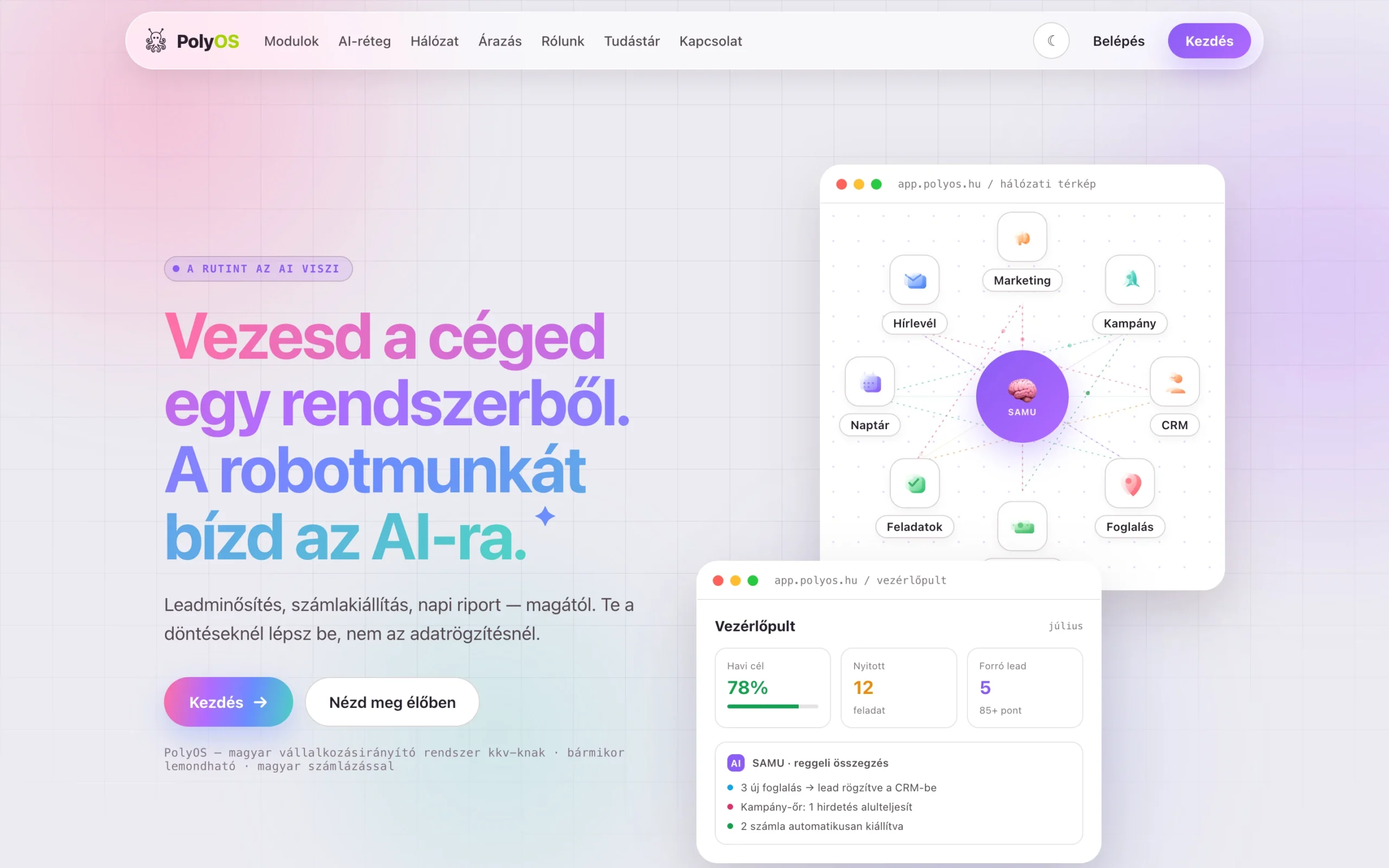 A polyos.hu főoldala a modulhálózattal és a vezérlőpulttal