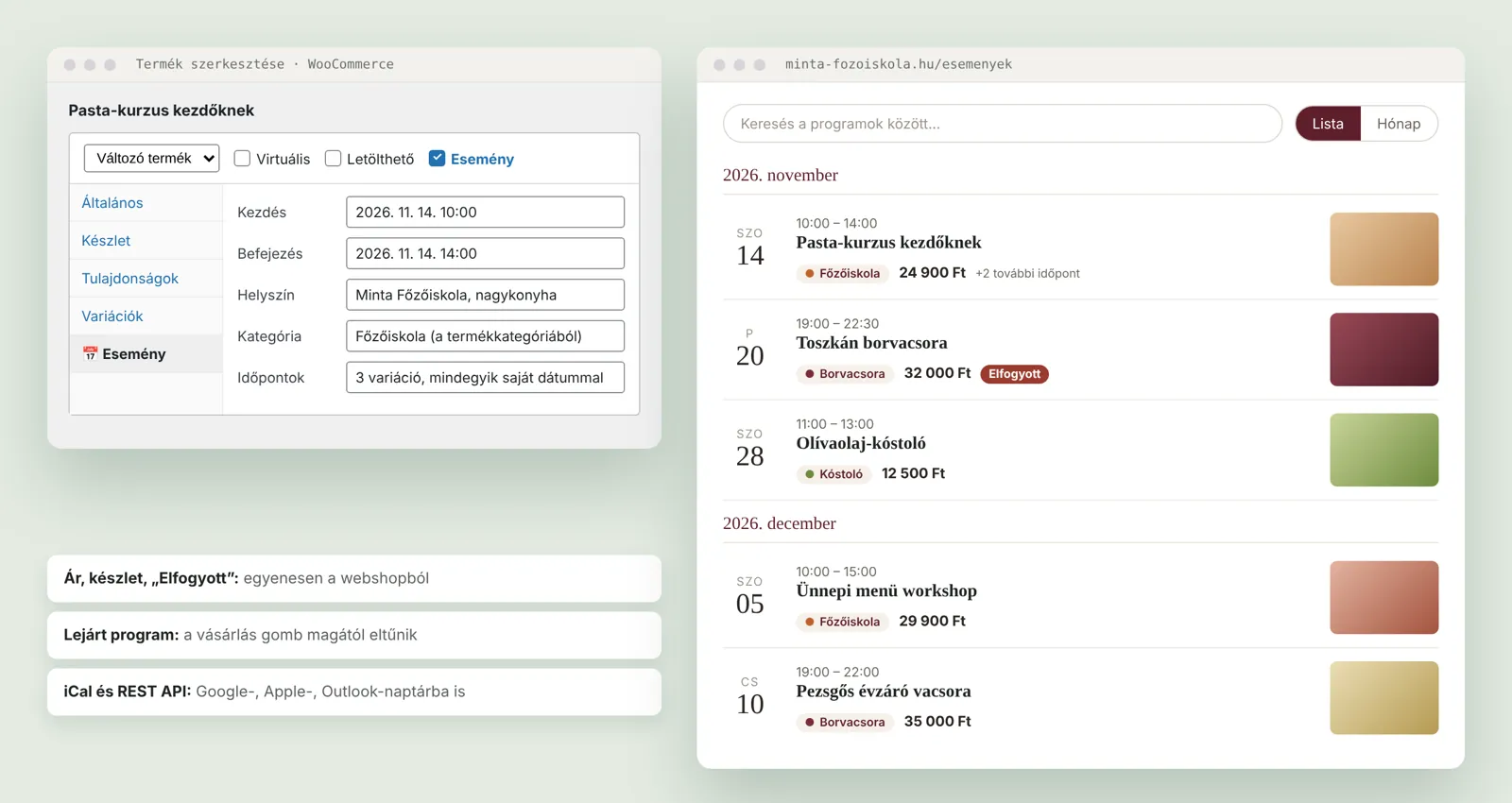 WooCommerce-termékszerkesztő az Esemény jelölővel és fülével, mellette az elegáns listanézetű eseménynaptár árakkal, kategóriacímkékkel és Elfogyott jelzéssel, kitalált mintaadatokkal